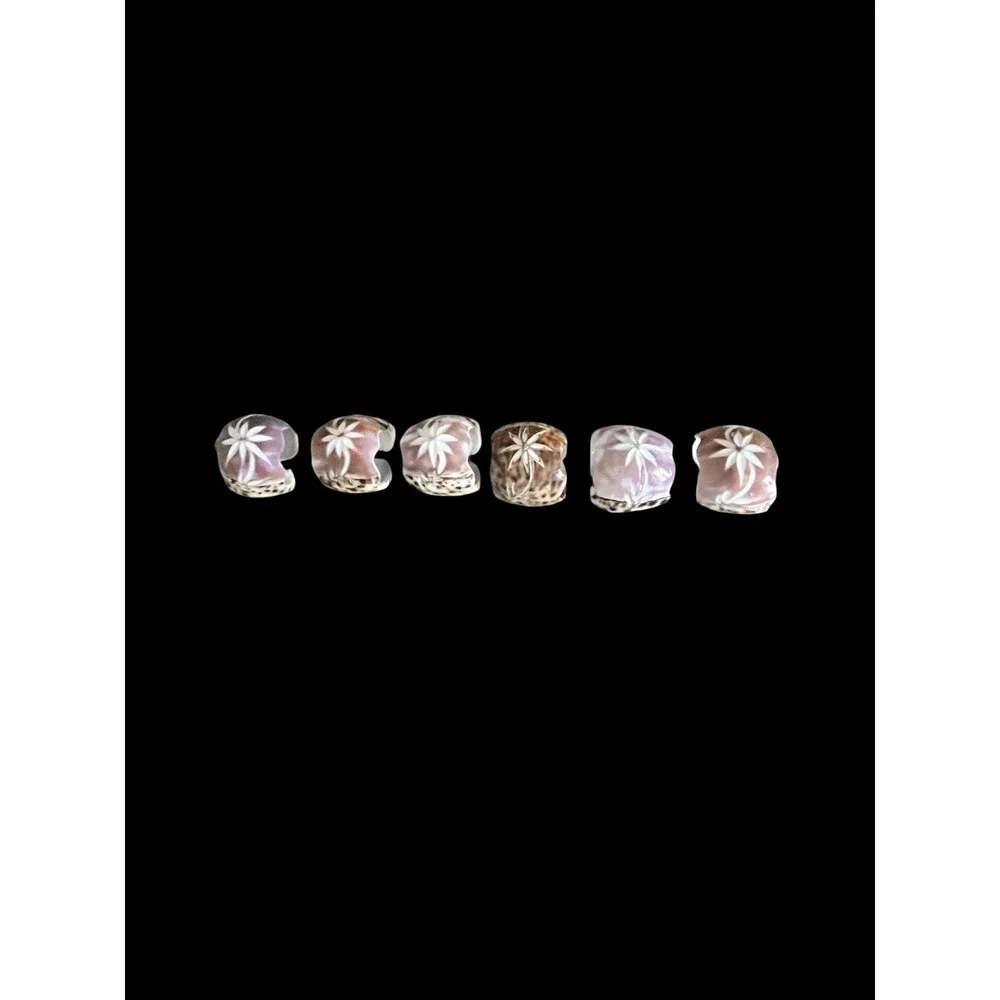 Vintage Hand Carved Cowrie Shell Napkin Rings Set 6 Floral Etched Coastal Decor